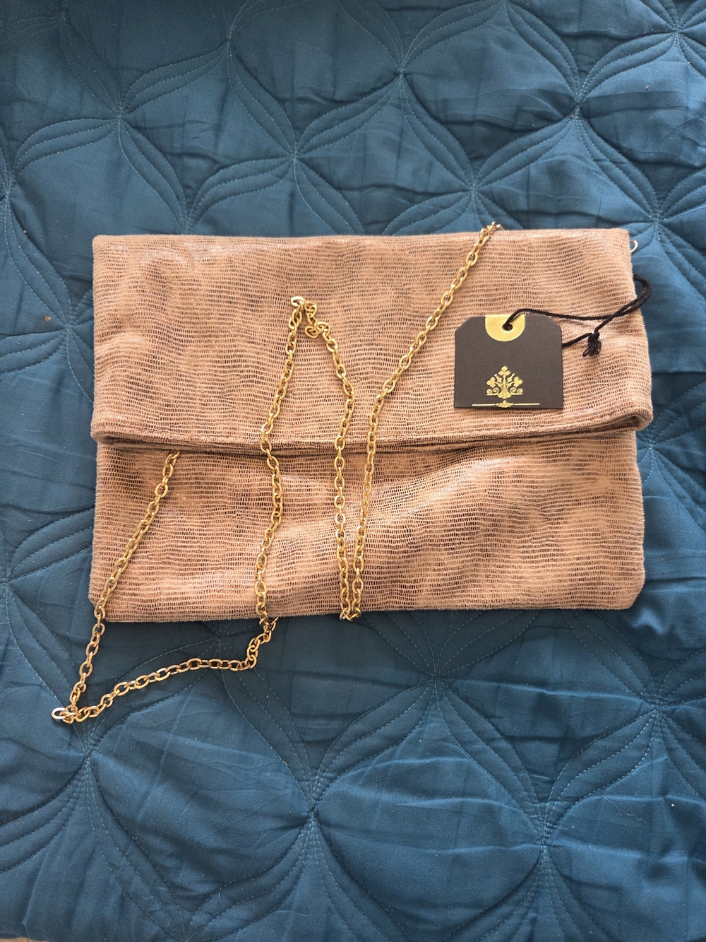 Moda Luxe Fold-Over Suede Clutch with Removable Gold Chain - Tan